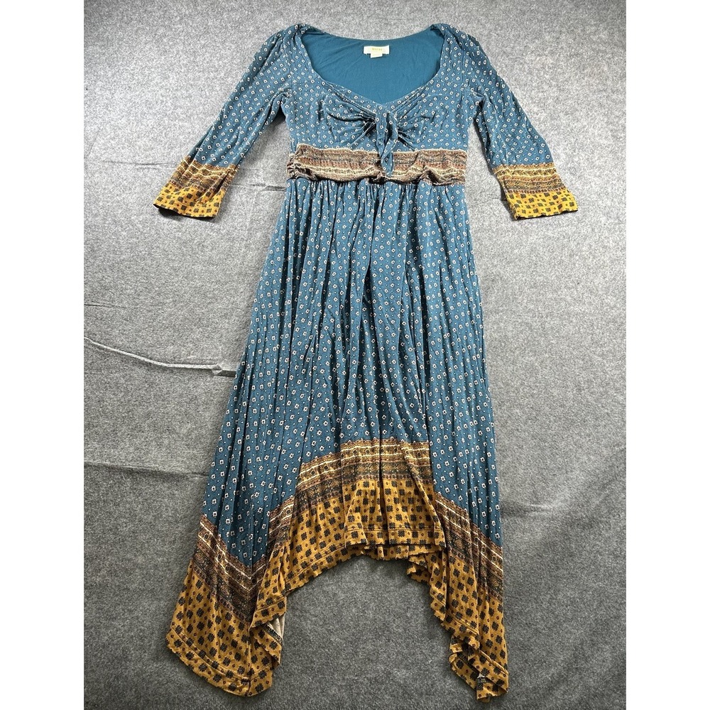 Anthropologie Teal and Mustard Boho Tie-Front Midi Dress